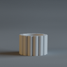 Cylindrical ceramic object with ribbed texture on a gray background