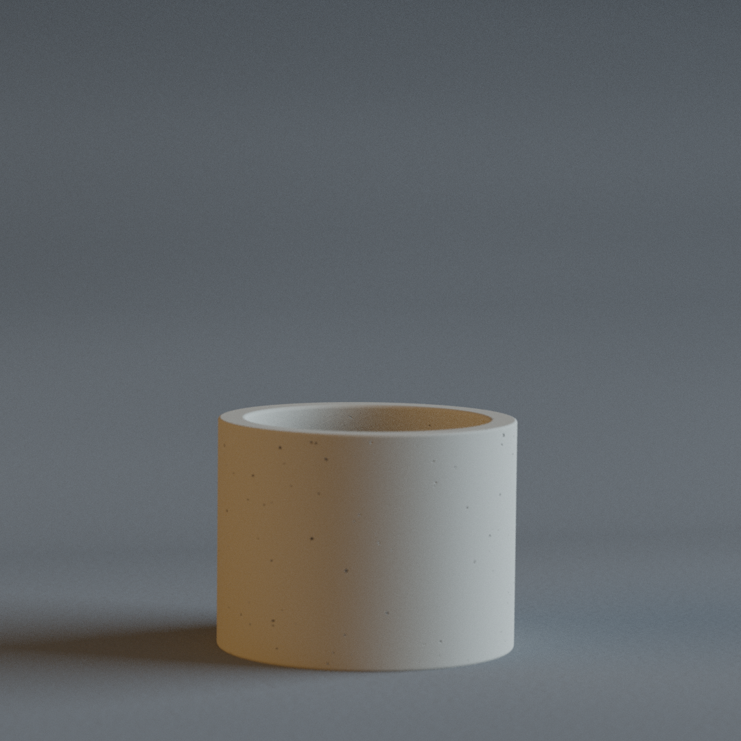 White cylindrical concrete canister or jar on a dark gray background